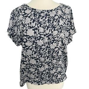 Pure Jill Linen Top Floral Boxy Short Sleeves Boho Lagenlook Casual Medium